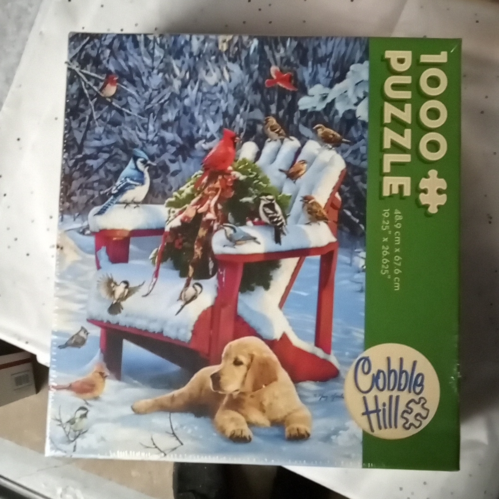 1,000 piece puzzle, lab dog with winter birds
